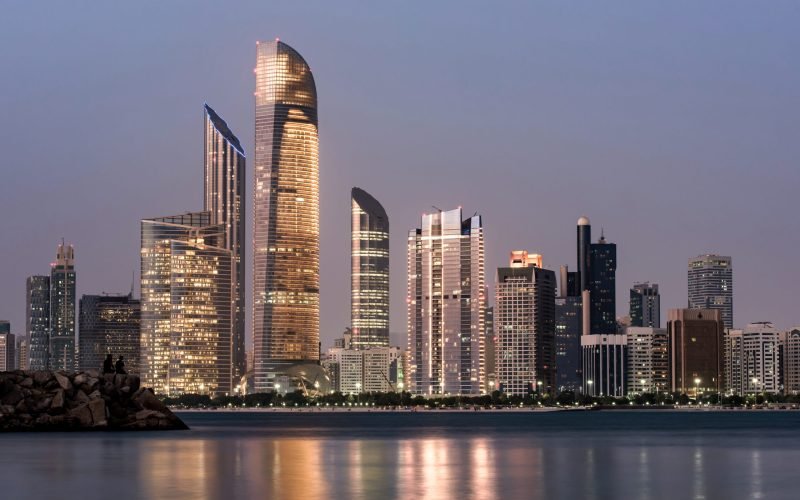 June 23, 2018: Abu Dhabi Seascape with skyscrapers in the background at evening, UAE